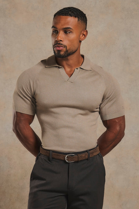 Open Collar Knitted Polo Shirt in Mink