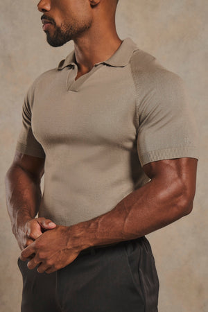 Open Collar Knitted Polo Shirt in Mink