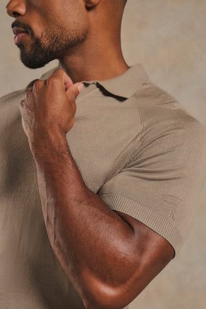 Open Collar Knitted Polo Shirt in Mink