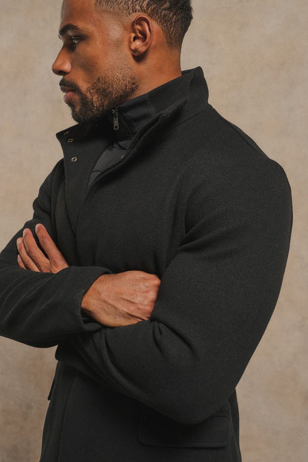 Single Breasted Overcoat with Removable Mock Gilet in Black