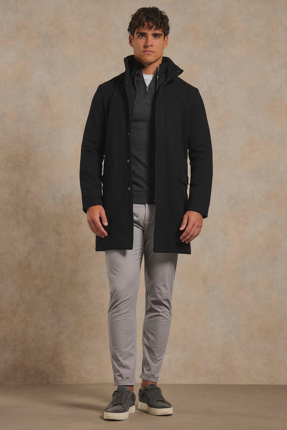 Single Breasted Overcoat with Removable Mock Gilet in Black