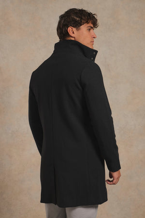 Single Breasted Overcoat with Removable Mock Gilet in Black