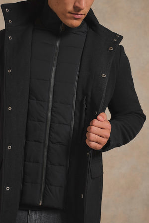 Single Breasted Overcoat with Removable Mock Gilet in Black