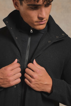 Single Breasted Overcoat with Removable Mock Gilet in Black