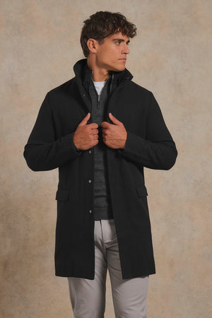 Single Breasted Overcoat with Removable Mock Gilet in Black