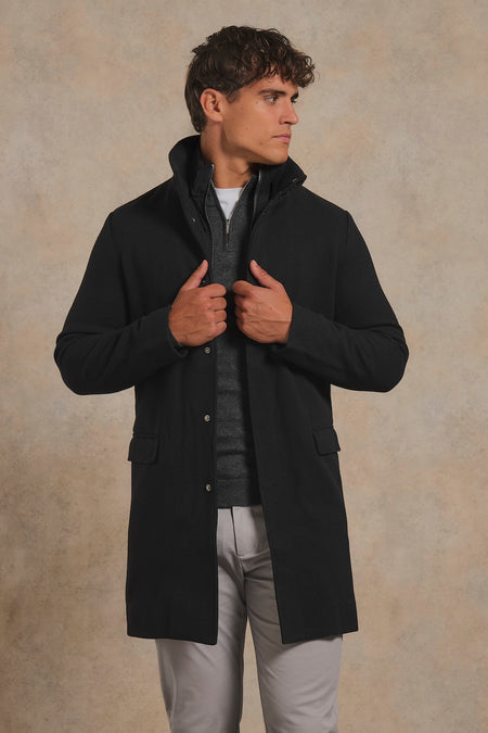 Single Breasted Overcoat with Removable Mock Gilet in Black