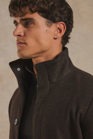 Funnel Neck Overcoat in Dark Brown