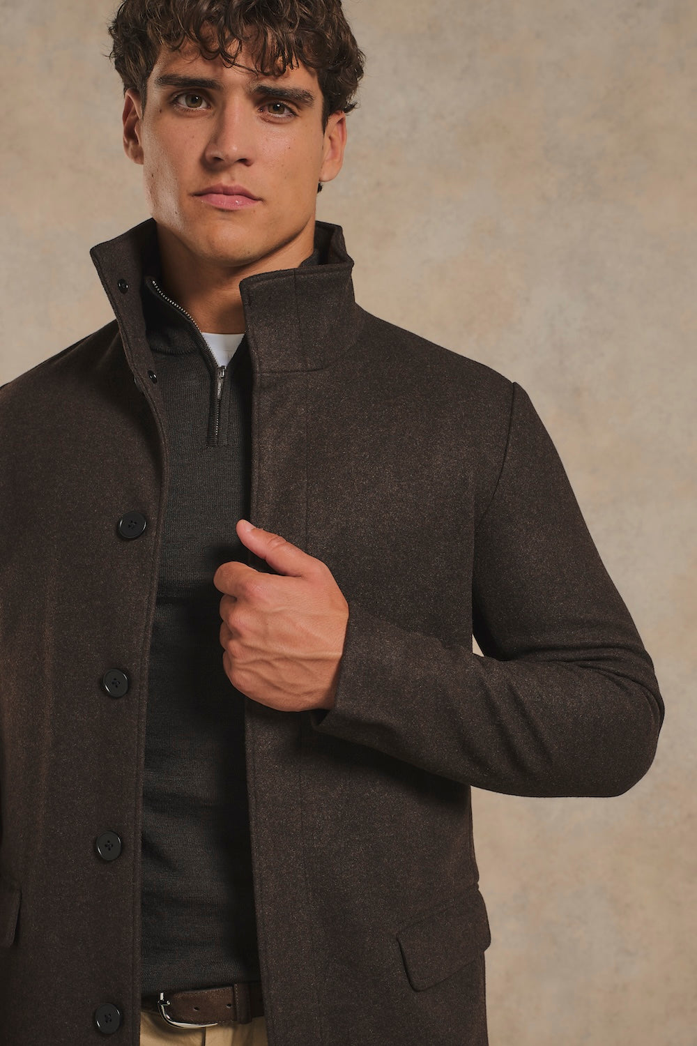 Funnel Neck Overcoat in Dark Brown