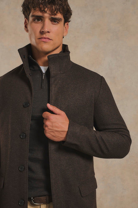 Funnel Neck Overcoat in Dark Brown