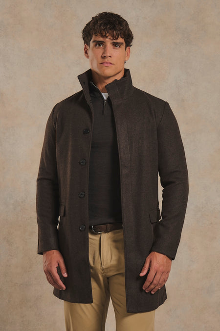 Funnel Neck Overcoat in Dark Brown