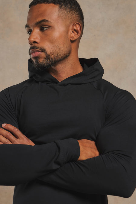 Athletic Fit Hooded Long Sleeve Top in Black