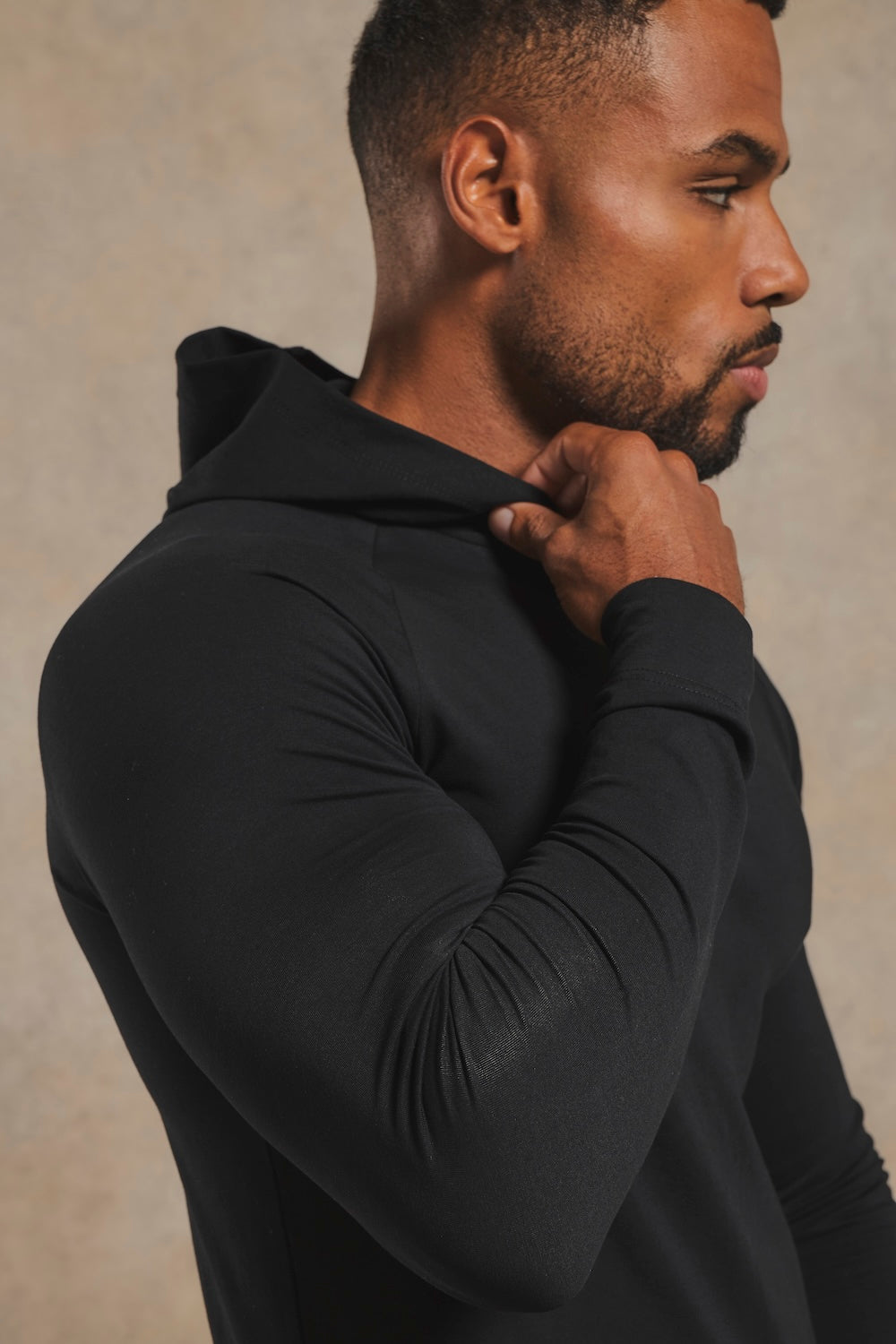 Athletic Fit Hooded Long Sleeve Top in Black