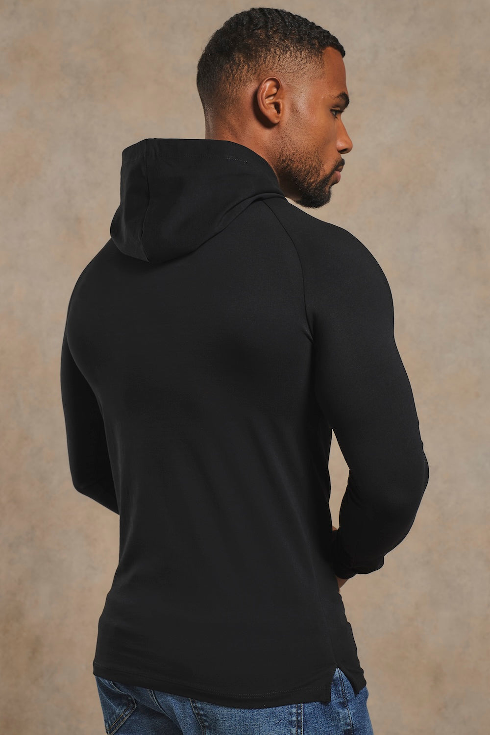 Athletic Fit Hooded Long Sleeve Top in Black
