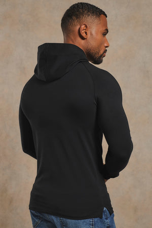 Athletic Fit Hooded Long Sleeve Top in Black