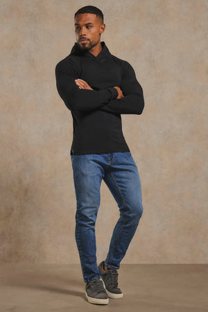 Athletic Fit Hooded Long Sleeve Top in Black