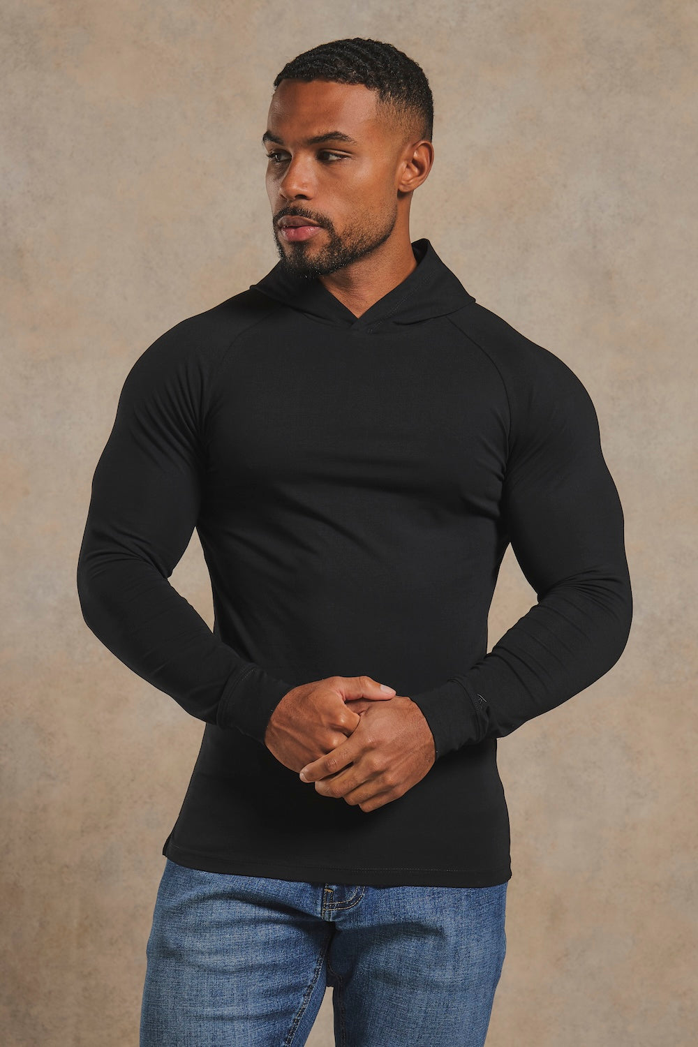 Athletic Fit Hooded Long Sleeve Top in Black
