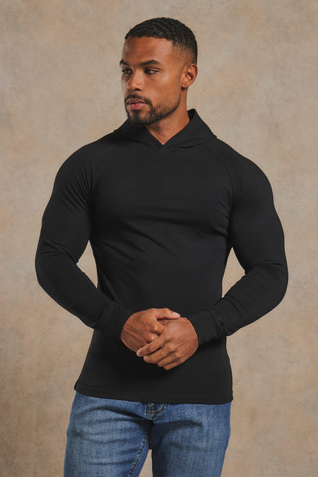 Athletic Fit Hooded Long Sleeve Top in Black