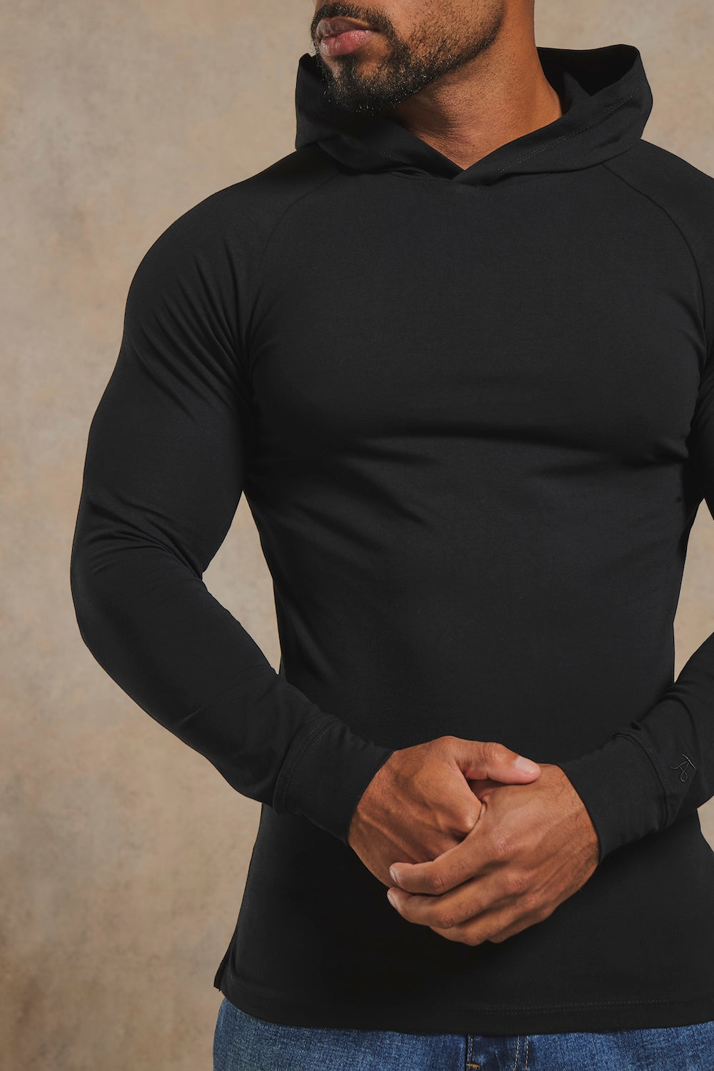 Athletic Fit Hooded Long Sleeve Top in Black
