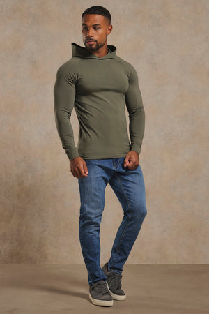 Athletic Fit Hooded Long Sleeve Top in Khaki