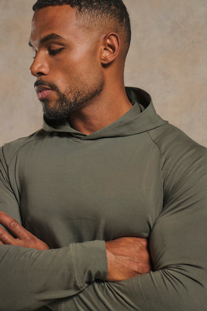 Athletic Fit Hooded Long Sleeve Top in Khaki