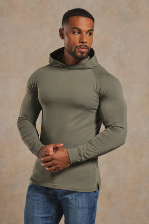 Athletic Fit Hooded Long Sleeve Top in Khaki