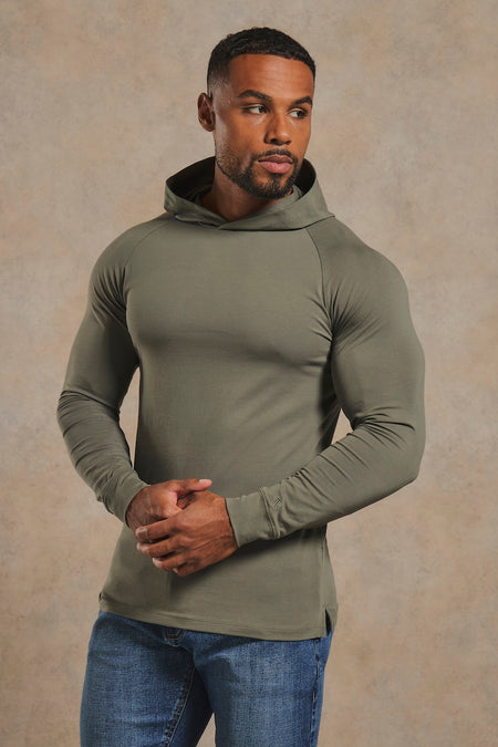 Athletic Fit Hooded Long Sleeve Top in Khaki