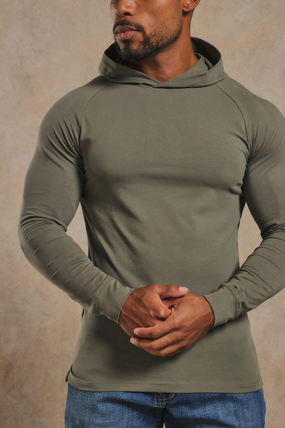 Athletic Fit Hooded Long Sleeve Top in Khaki