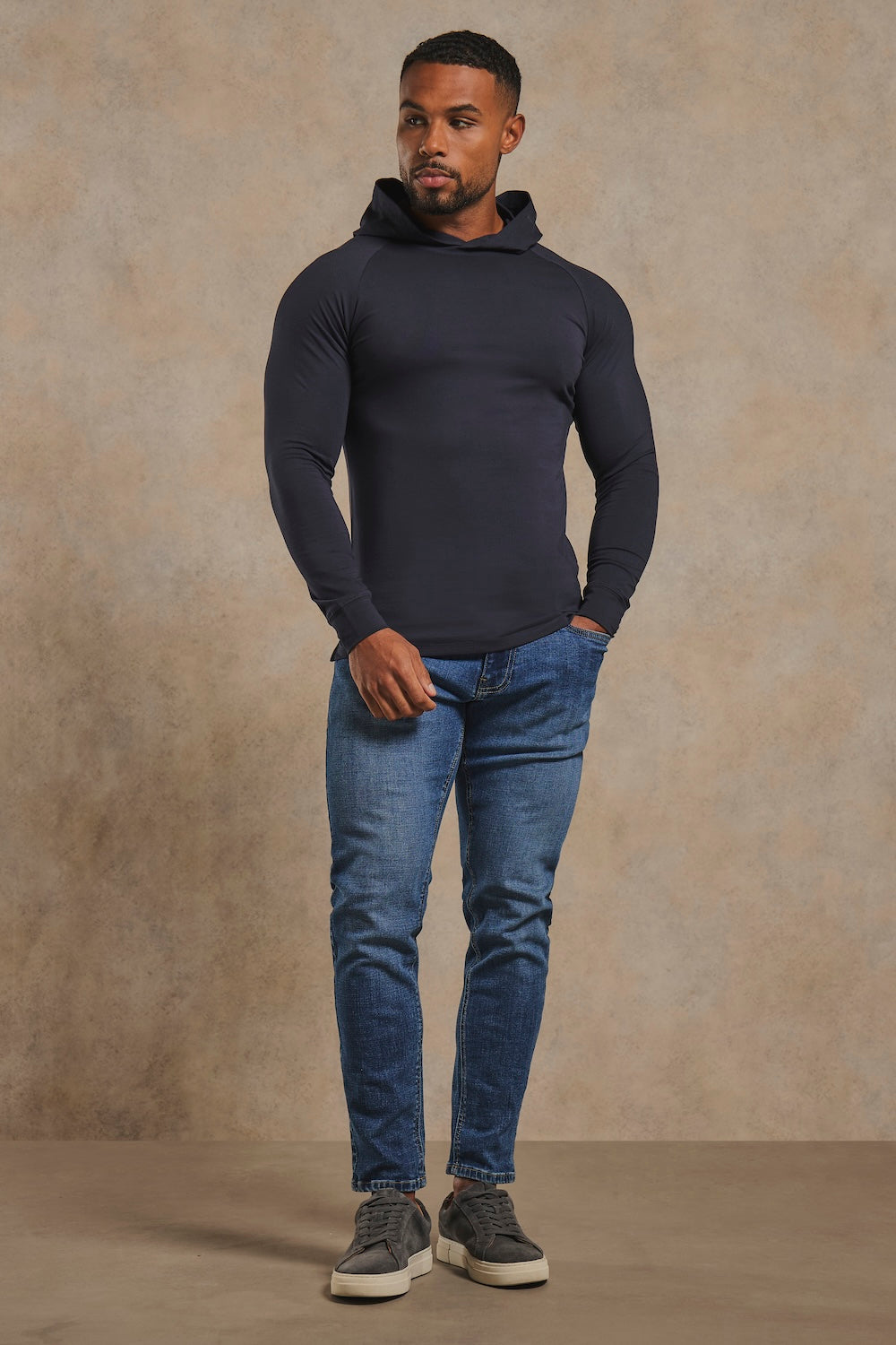 Athletic Fit Hooded Long Sleeve Top in Navy