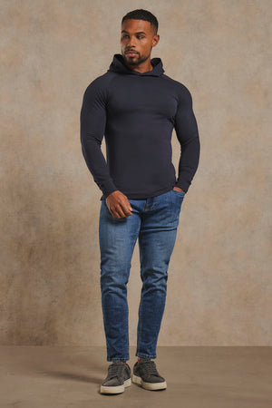 Athletic Fit Hooded Long Sleeve Top in Navy