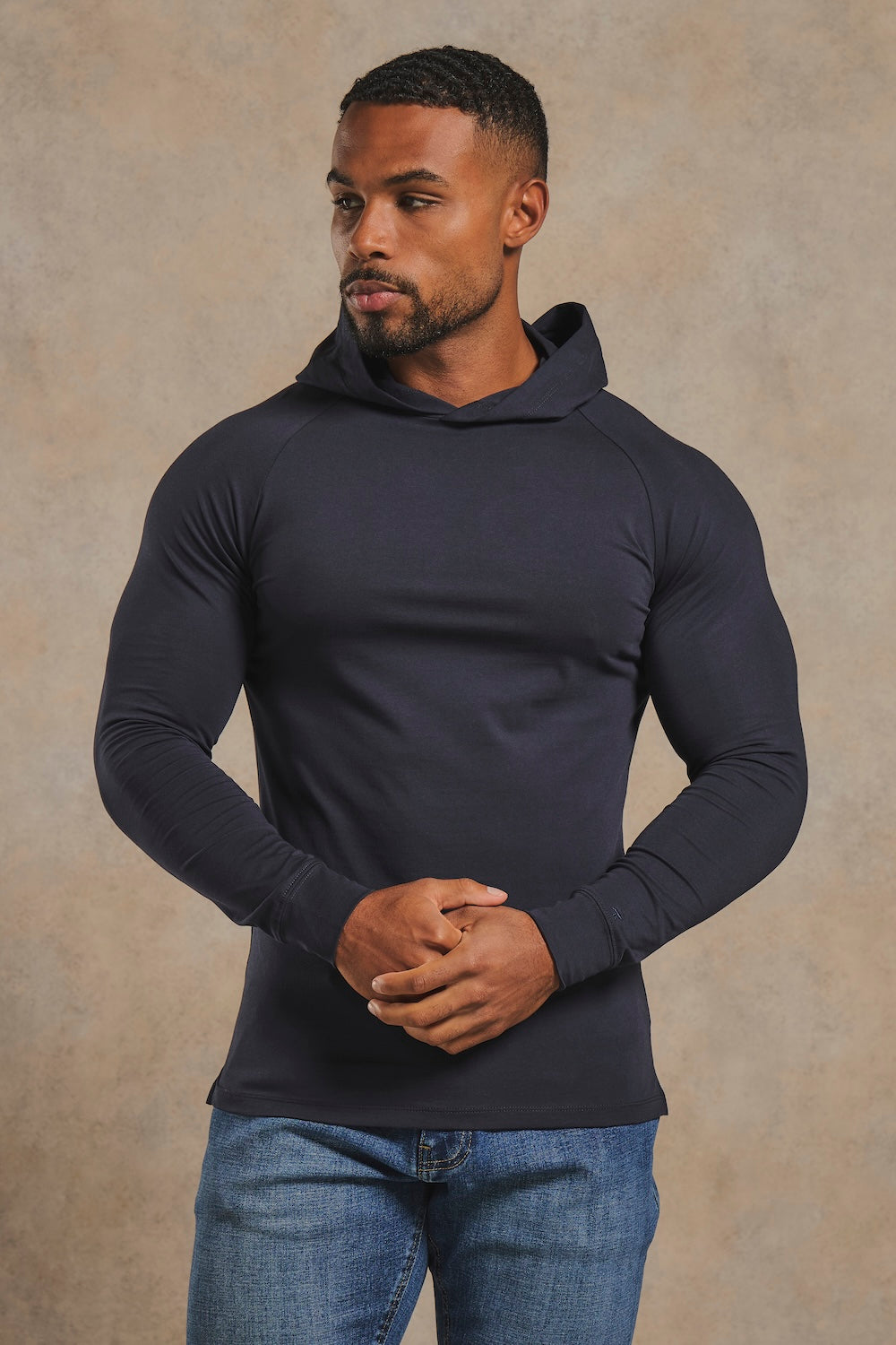 Athletic Fit Hooded Long Sleeve Top in Navy