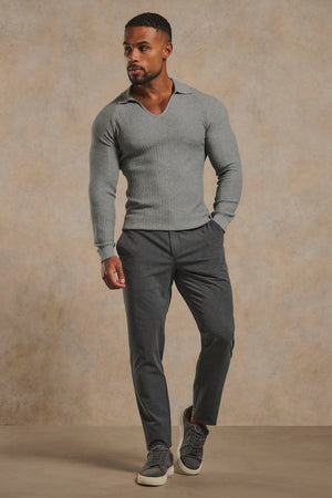 Textured Knitted V-Neck Open Collar Polo Shirt in Grey