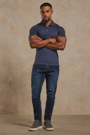 Textured Zip Neck Polo Shirt in Ink