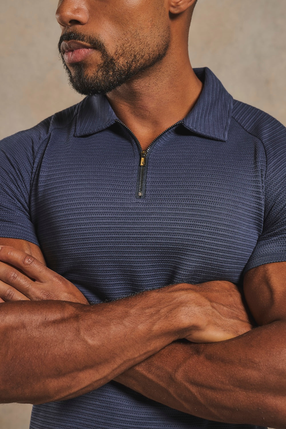 Textured Zip Neck Polo Shirt in Ink