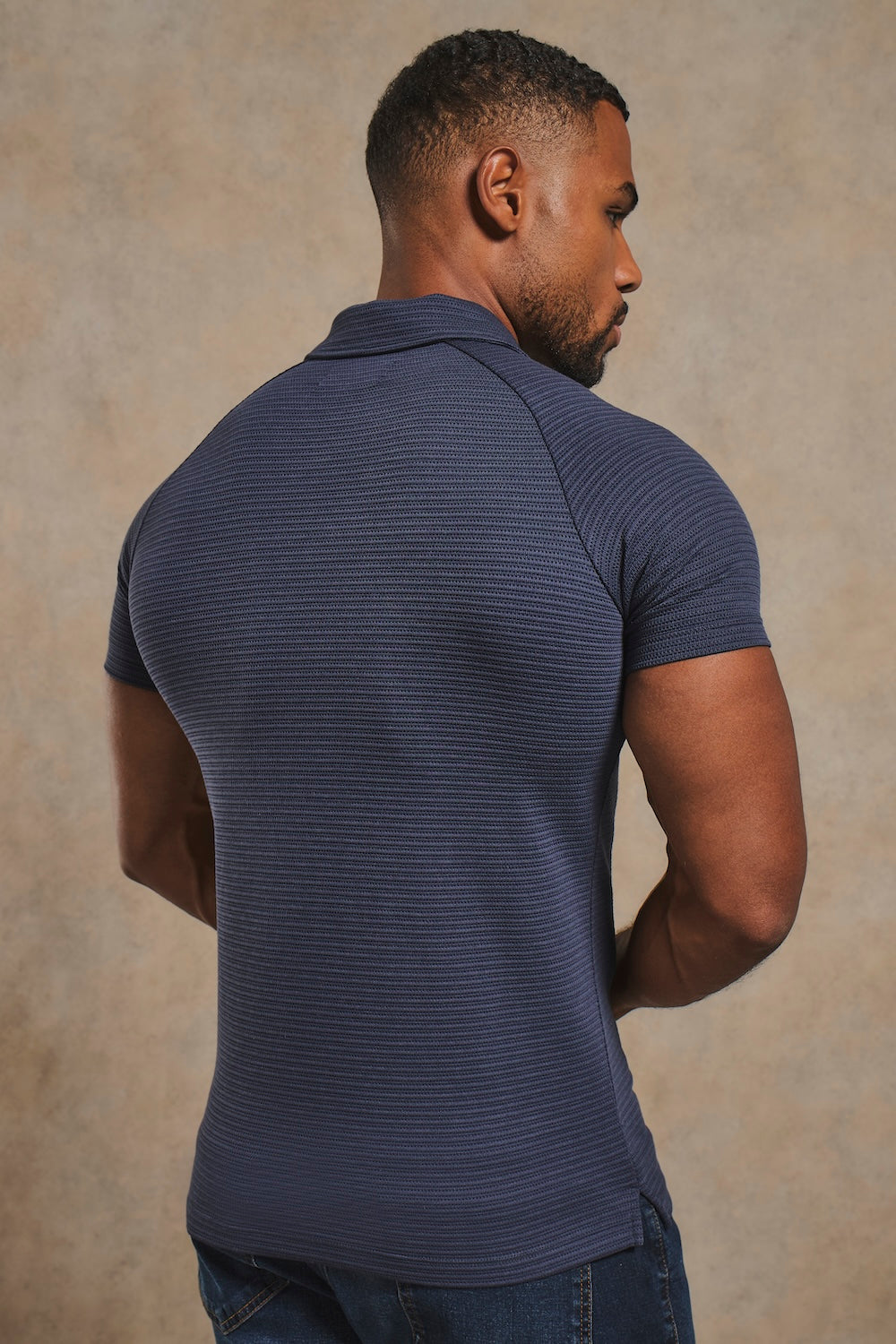 Textured Zip Neck Polo Shirt in Ink