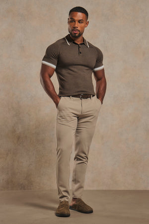 Tipped Knitted Polo Shirt in Brown Marl with Alabaster Tipping