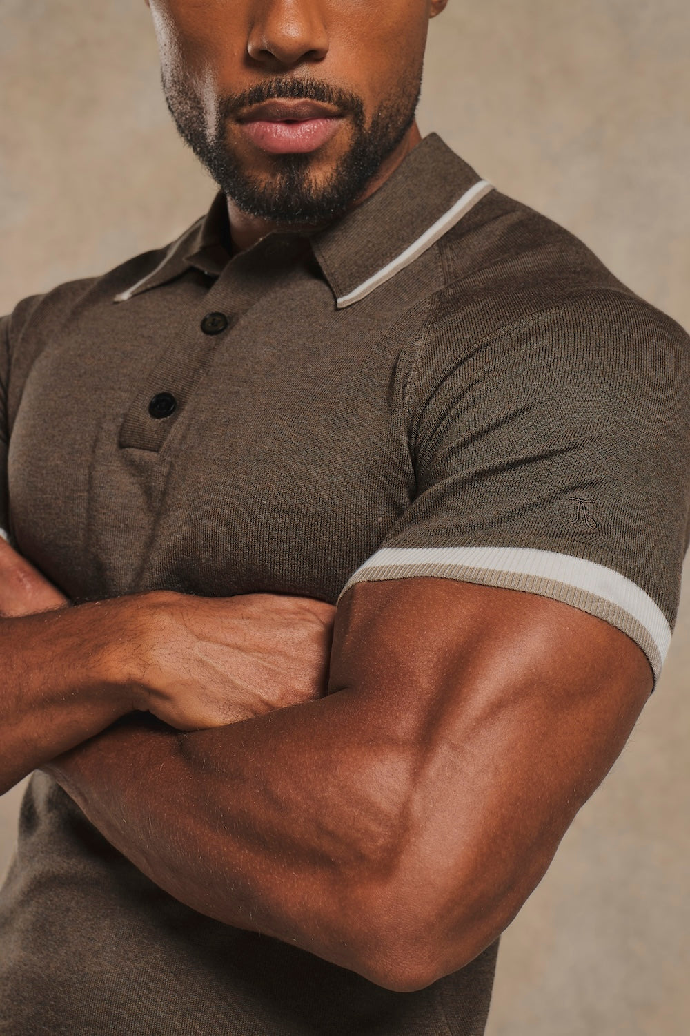 Tipped Knitted Polo Shirt in Brown Marl with Alabaster Tipping