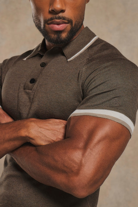 Tipped Knitted Polo Shirt in Brown Marl with Alabaster Tipping