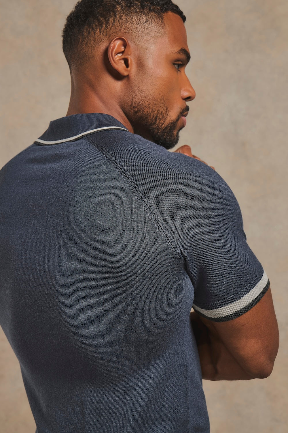 Tipped Knitted Polo Shirt in Navy with Grey Tipping