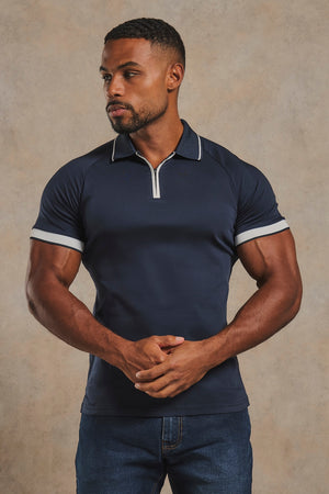 Mercerised Cotton Tipped Zip Neck Polo Shirt in Navy and White