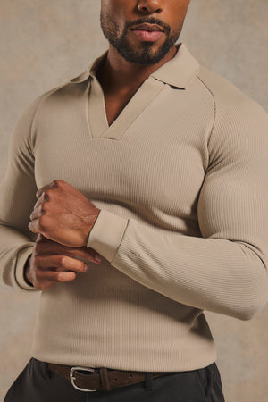 Textured Buttonless Polo Shirt in Stone