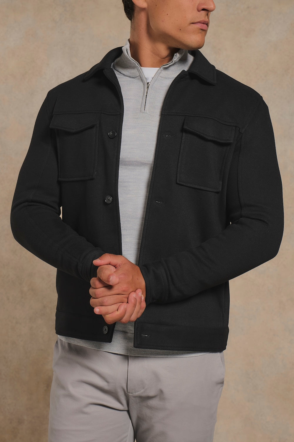Lined Twill Melange Shacket in Black