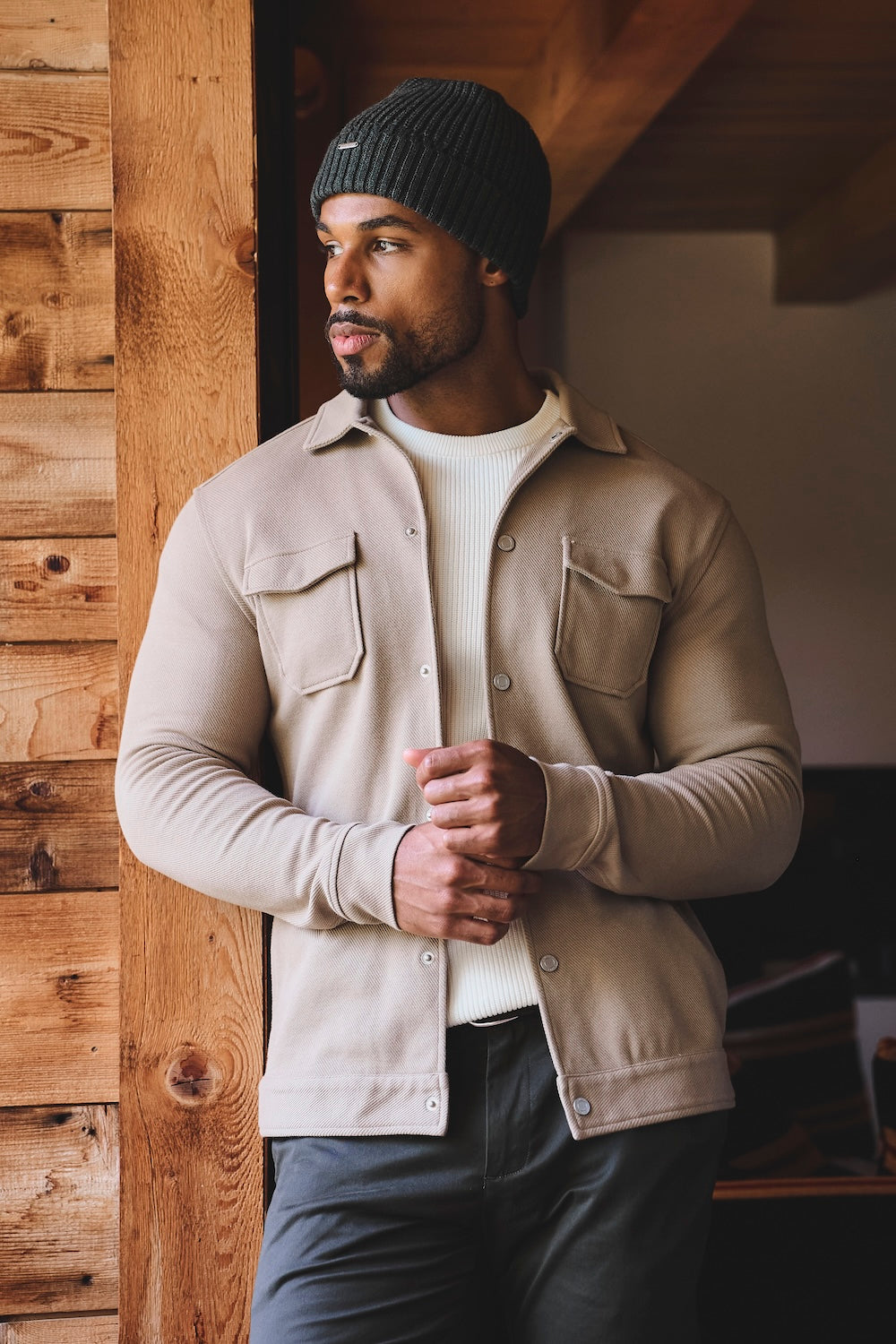 Textured Jersey Shacket in Dark Stone