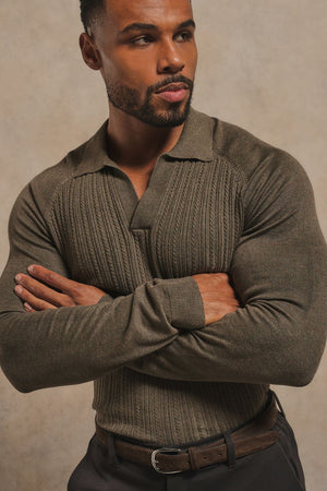 Fine Cable Knitted Open Collar Polo Shirt in Dark Mocha Marl
