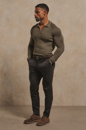 Fine Cable Knitted Open Collar Polo Shirt in Dark Mocha Marl