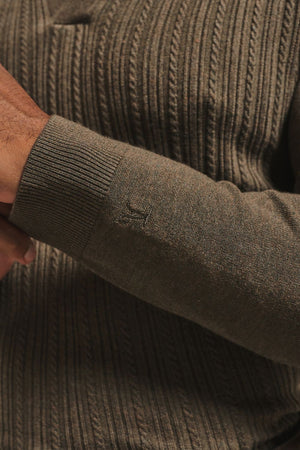 Fine Cable Knitted Open Collar Polo Shirt in Dark Mocha Marl