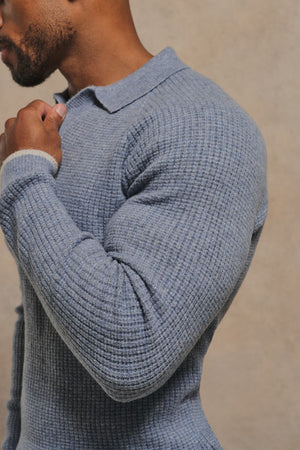 Tipped Fisherman Ribbed Open Collar Polo Shirt in Grey Blue with Light Grey Marl Tipping