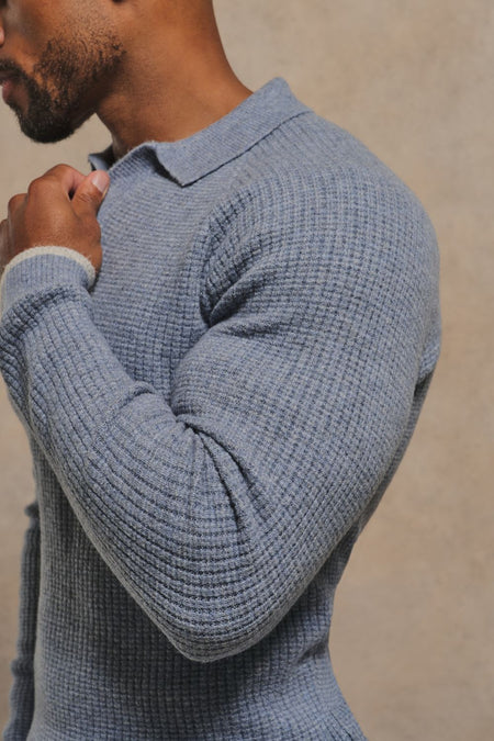Tipped Fisherman Ribbed Open Collar Polo Shirt in Grey Blue with Light Grey Marl Tipping