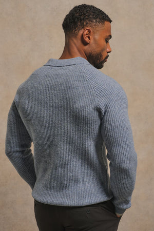 Tipped Fisherman Ribbed Open Collar Polo Shirt in Grey Blue with Light Grey Marl Tipping