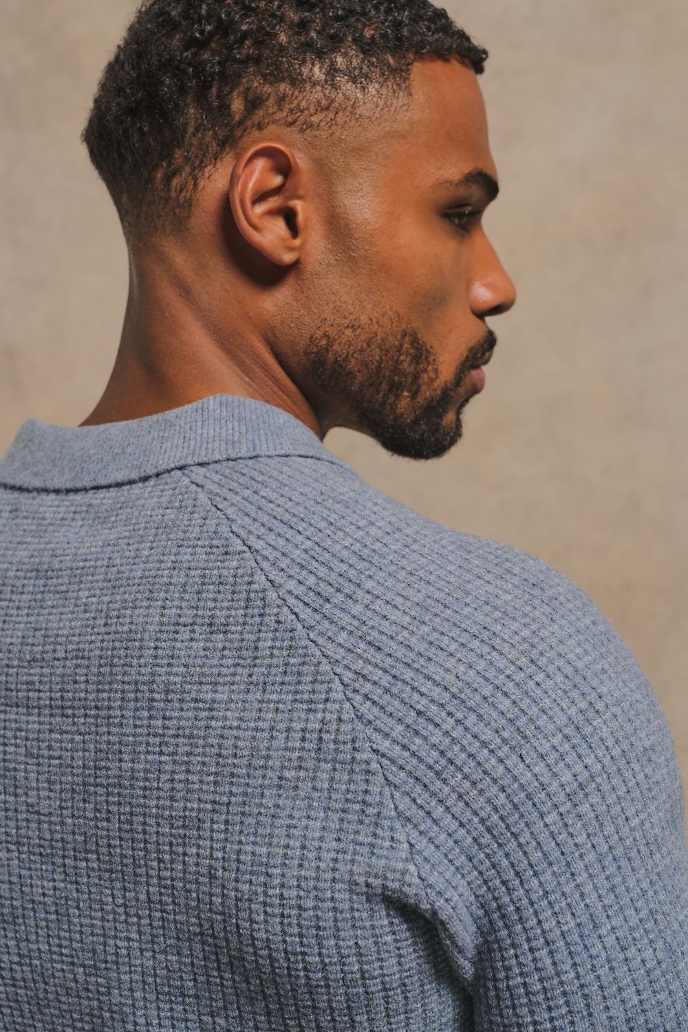Tipped Fisherman Ribbed Open Collar Polo Shirt in Grey Blue with Light Grey Marl Tipping