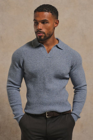 Tipped Fisherman Ribbed Open Collar Polo Shirt in Grey Blue with Light Grey Marl Tipping